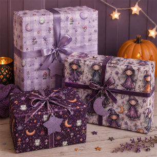 Hoja De Papel De Regalo Regalo de Halloween de Bruja Morada y Búho Adorabl