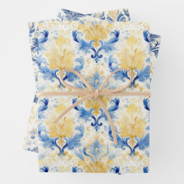 HOJA DE PAPEL DE REGALO REGALO DE LA DAMASCA DE COLOR AZUL Y AMARILLO