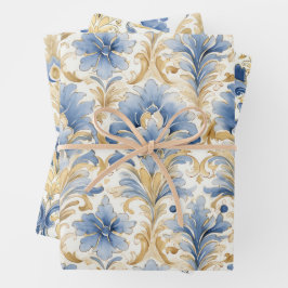 HOJA DE PAPEL DE REGALO REGALO DE LA DAMASCA DE COLOR AZUL Y AMARILLO