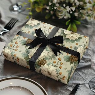 Hoja De Papel De Regalo Regalo floral clásico de Navidad en crema y verde
