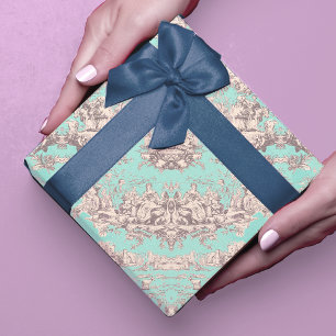 Hoja De Papel De Regalo Regalo Floral Toile de Jouy Azul Acuático Vintage