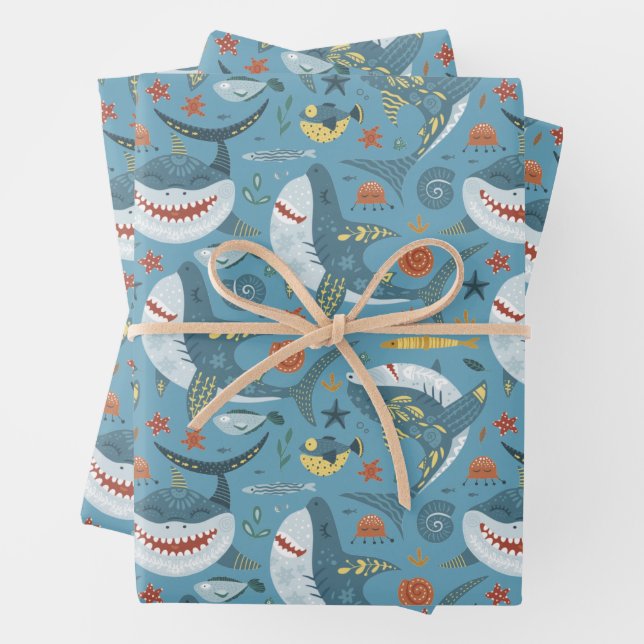 Hoja De Papel De Regalo Regalos de tiburón de moda Cumpleaños Mar Azul Ver (In situ)