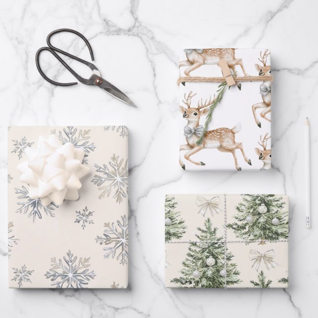 Hoja De Papel De Regalo Reindeer Silver Snowflakes Christmas Trees (Anverso)