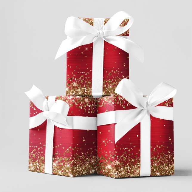 Hoja De Papel De Regalo Relieve metalizado Ombre rojo brillante Purpurina  (Red and Gold Glitter Gift Wrap)