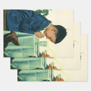 Hoja De Papel De Regalo Religión Vintage, Niño Rezando la Gracia en Acción