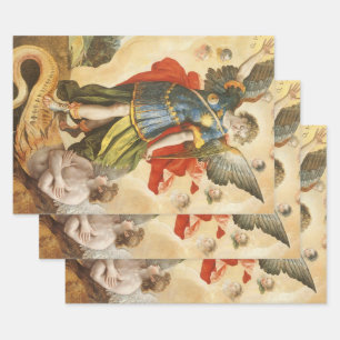Hoja De Papel De Regalo Religioso vintage, San Michael derrota a Lucifer