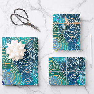 Hoja De Papel De Regalo Remolinos florales dorados sobre azul verde y turq