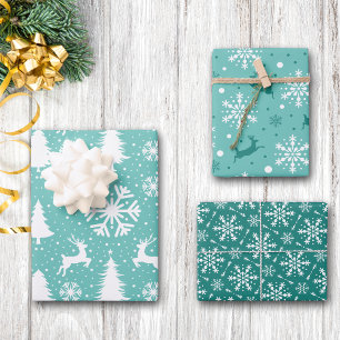 Hoja De Papel De Regalo Reno Copos de nieve Árboles de Navidad Patrón Verd