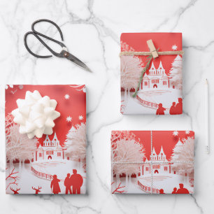 Hoja De Papel De Regalo Renos 3D y personas en las aldeas