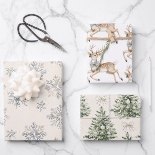 Hoja De Papel De Regalo Renos de plata copos de nieve árboles de Navidad