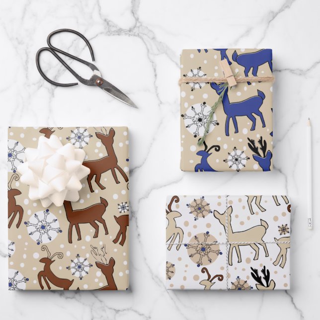 Hoja De Papel De Regalo Renos en azul y marrón (Anverso)