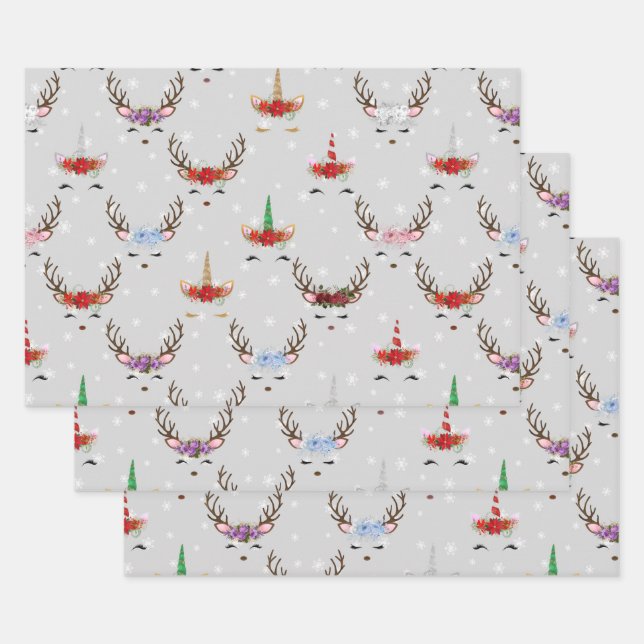 Hoja De Papel De Regalo Renos navidades y Unicornios en gris (Set)