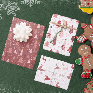 Hoja De Papel De Regalo Renos rosados retro y árboles de Navidad