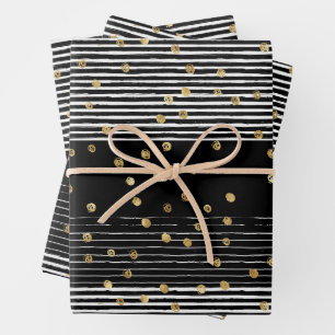 Hoja De Papel De Regalo Resumen blanco negro de punto de polka dorada