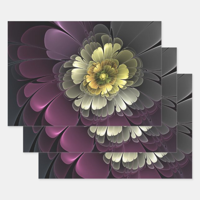 Hoja De Papel De Regalo Resumen de la flor fractal gris purpur moderna (Set)