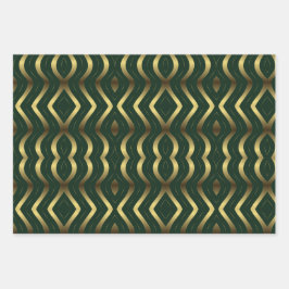 Hoja De Papel De Regalo Resumen De Oro Y Bandas De Onda Verde Esmeralda