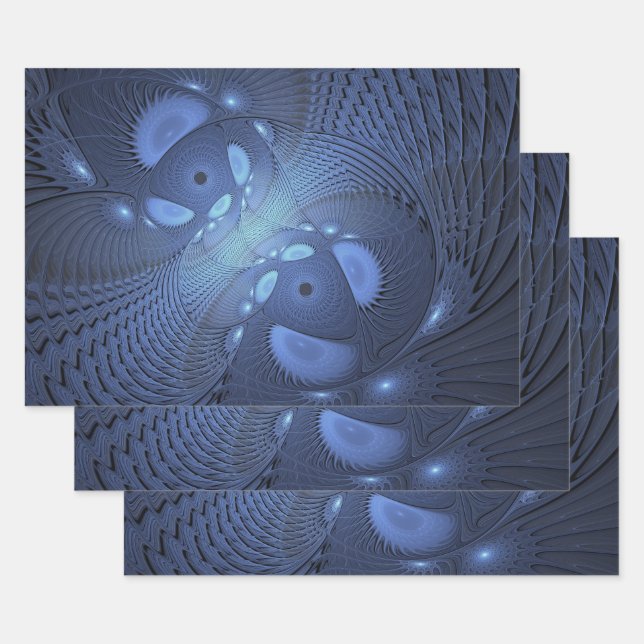 Hoja De Papel De Regalo Resumen moderno Arte Fractal Dusk Azul trendy (Set)