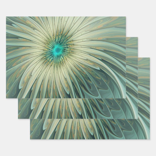 Hoja De Papel De Regalo Resumen Sage Green Fantasy Flower Fractal Art (Set)