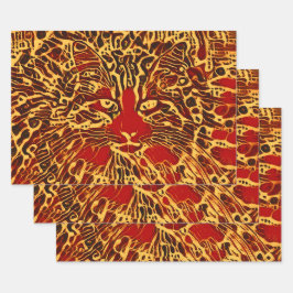 Hoja De Papel De Regalo Resumen tribal Tabby Cat Rojo Yellow Hippie Art