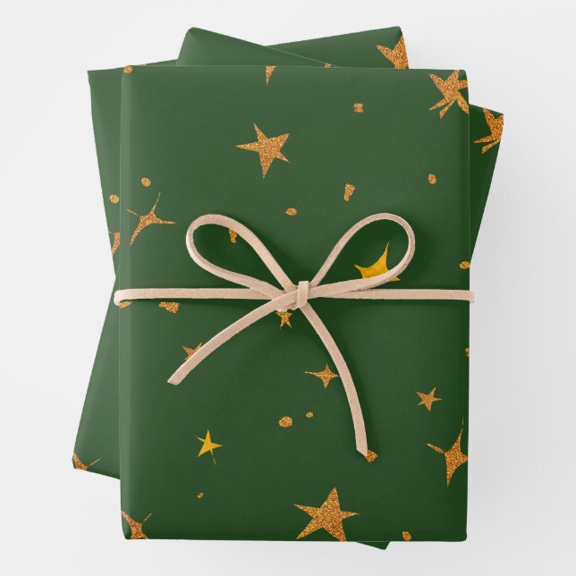 Hoja De Papel De Regalo Resumen verde oscuro con estrellas doradas (In situ)