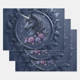 Hoja De Papel De Regalo Retrato negro de unicornio en un marco redondo