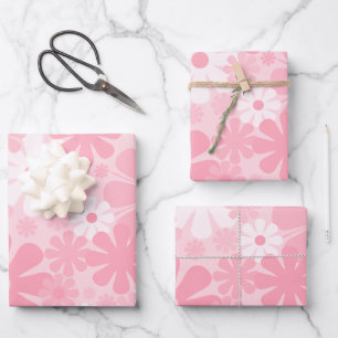 Hoja De Papel De Regalo Retro 60 70 Patrón estético floral Pastel rosa