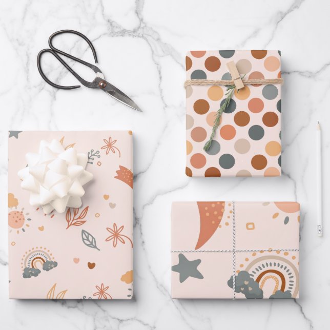 Hoja De Papel De Regalo Retro Boho acuarela Arcoiris Neutral (Anverso)