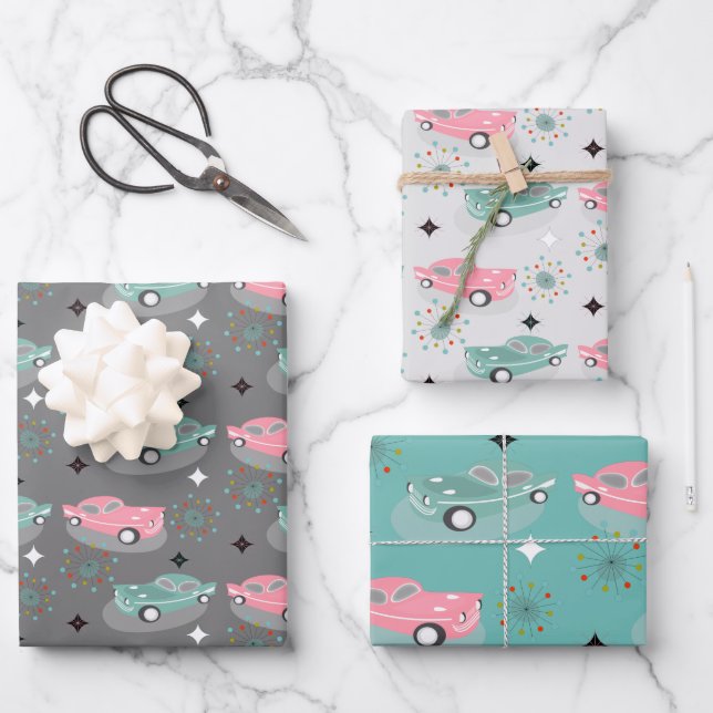 Hoja De Papel De Regalo Retro Carros Starburst Atómico Moderno Medio Sigur (Anverso)