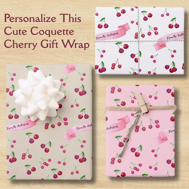Hoja De Papel De Regalo Retro Cherry Pattern Cute Coquette Sweet Treats (This cherry gift wrap features personalization in retro script with my hand-painted cherries art.)