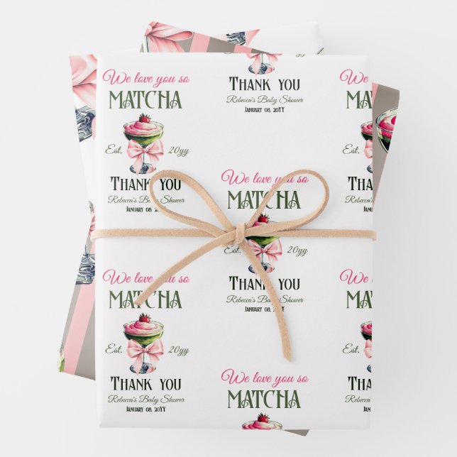 Hoja De Papel De Regalo Retro Club Pink Bow Te Amas Matcha Baby Shower (In situ)