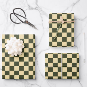 Hoja De Papel De Regalo Retro Cuadros en Verde Oliva y Crema