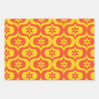 Hoja De Papel De Regalo Retro Flowers on Yellow and Red Ogee Pattern 