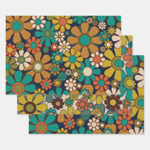 Hoja De Papel De Regalo Retro Garden Gingham Flor 60s 70s Patrón Floral