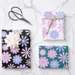 Hoja De Papel De Regalo Retro Groovy Daisies suave rosa azul morado