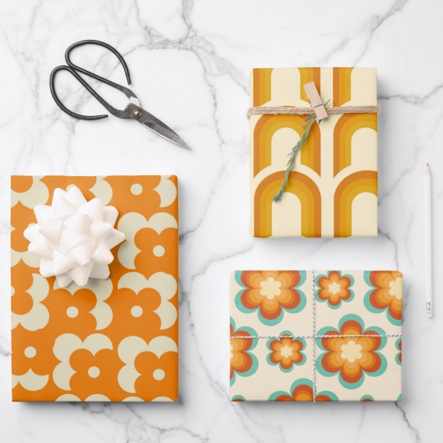 Hoja De Papel De Regalo Retro Hippie Groovy Setenties Floral y Arcoiris 60 (Anverso)