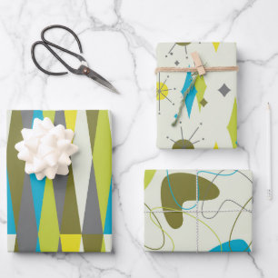Hoja De Papel De Regalo Retro Medio Siglo Mod Espacio Atómico Edad Azul Ve