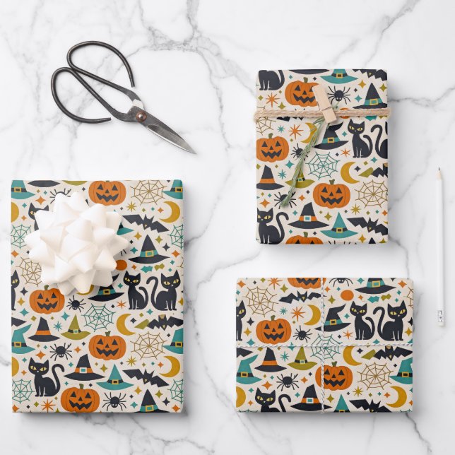 Hoja De Papel De Regalo Retro Orange Teal Mid-Century Halloween  (Anverso)