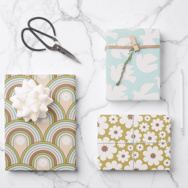 Hoja De Papel De Regalo Retro Paz Arcoiris Dove Neutral Fun Floral (Anverso)