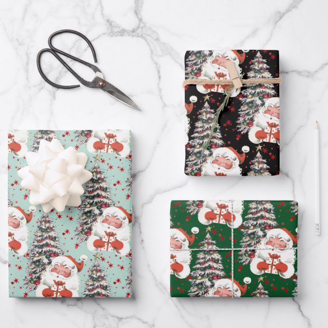 Hoja De Papel De Regalo Retro Santa con estrellas  (Anverso)