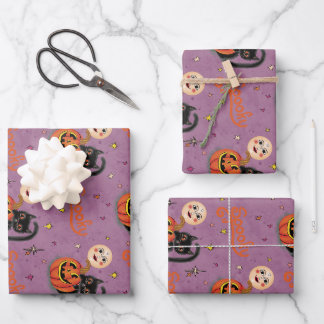 Hoja De Papel De Regalo Retro Spooky Gatitos Mofilas de calabaza en morado