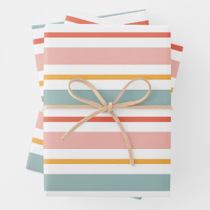 Hoja De Papel De Regalo Retro Verano Pastel Rayado Rosa Menta y Mostaza