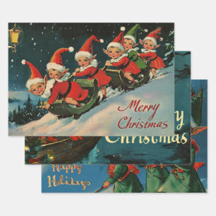 Hoja De Papel De Regalo Retro Vintage Christmas Trio Style T
