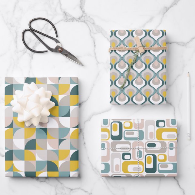 Hoja De Papel De Regalo RetroMod Patterns Aqua Teal Blue Blush Pink Yellow (Anverso)