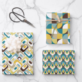 Hoja De Papel De Regalo RetroMod Patterns Teal Blue Brown Mustard Yellow
