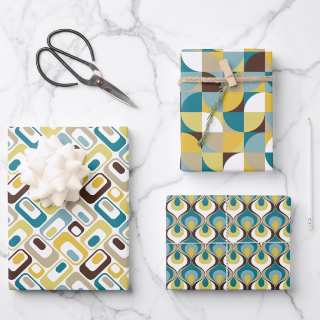 Hoja De Papel De Regalo RetroMod Patterns Teal Blue Brown Mustard Yellow (Anverso)