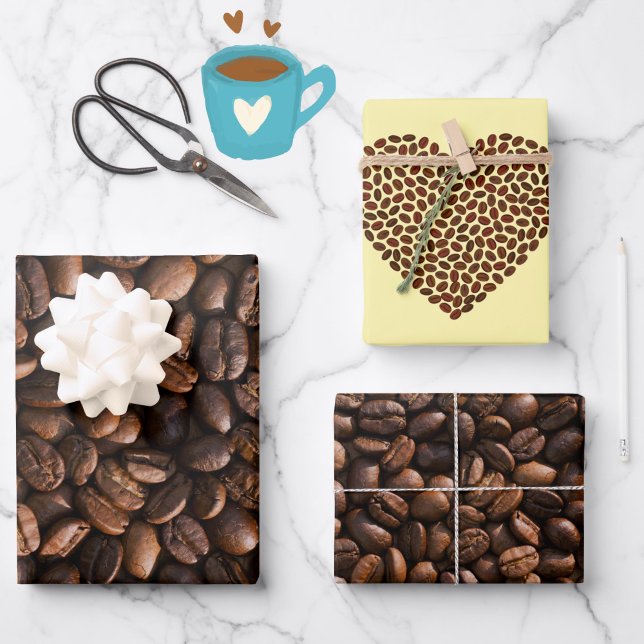 Hoja De Papel De Regalo Rich Brown Coffee Beans + Heart Pattern (Fun wrapping paper for the coffee fan in your life!)