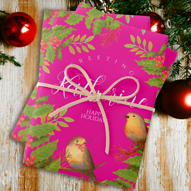 Hoja De Papel De Regalo Robin Birds Holly Berry Hot Pink (Robin Birds Holly Berry Design.)