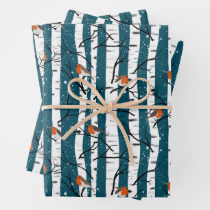 Hoja De Papel De Regalo Robins europeos sobre el pájaro plateado en azul d
