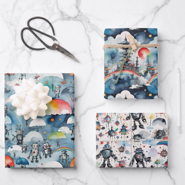 Hoja De Papel De Regalo Robots Retro Sci-Fi En El Espacio (Anverso)