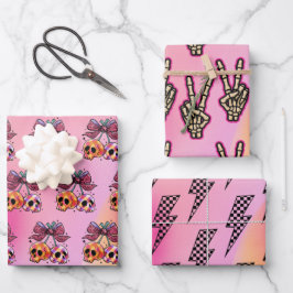 Hoja De Papel De Regalo Rock n Roll Skulls rosados Skeleton Halloween